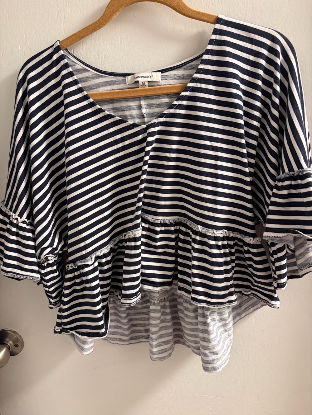 Francesca’s Navy & White Striped Peplum Top